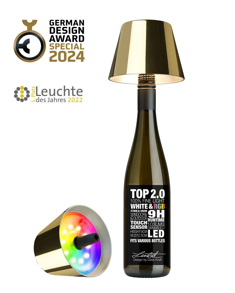 Sompex Flaschenleuchte TOP 2.0 Gold LED RGBW mit Akku