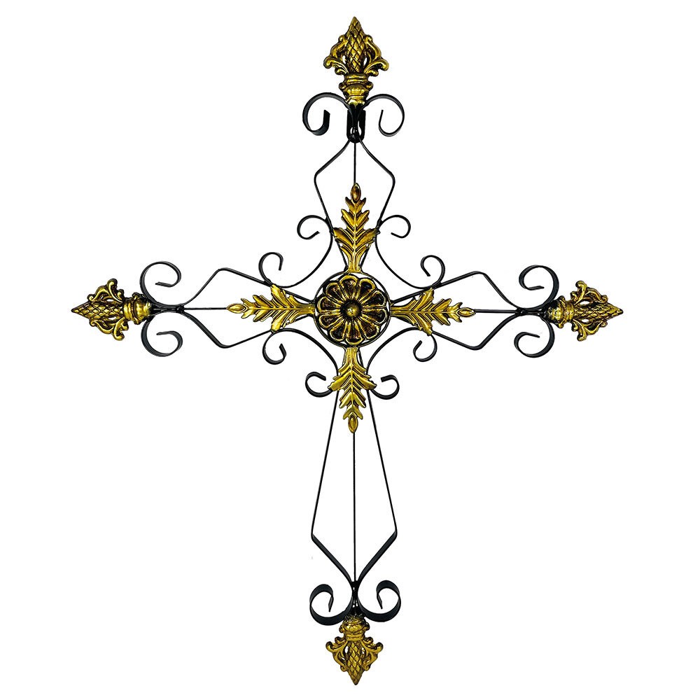 Wandkreuz groß Schmiedeeisen Schwarz Gold Wand-Kruzifix Kreuz Antik-Stil 60cm