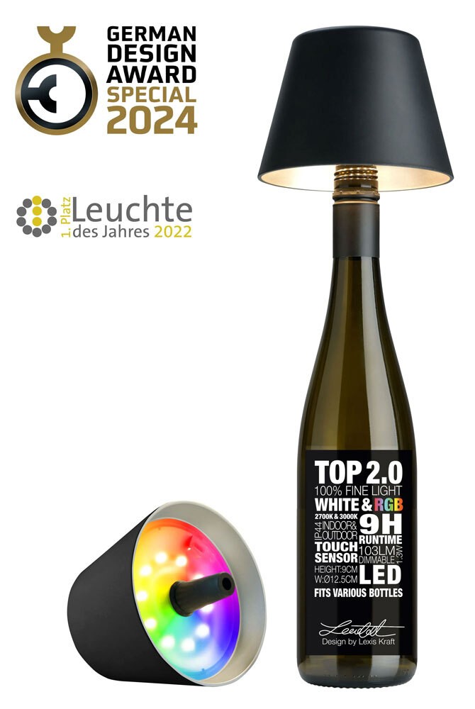 Sompex Flaschenleuchte TOP 2.0 Schwarz LED RGBW mit Akku