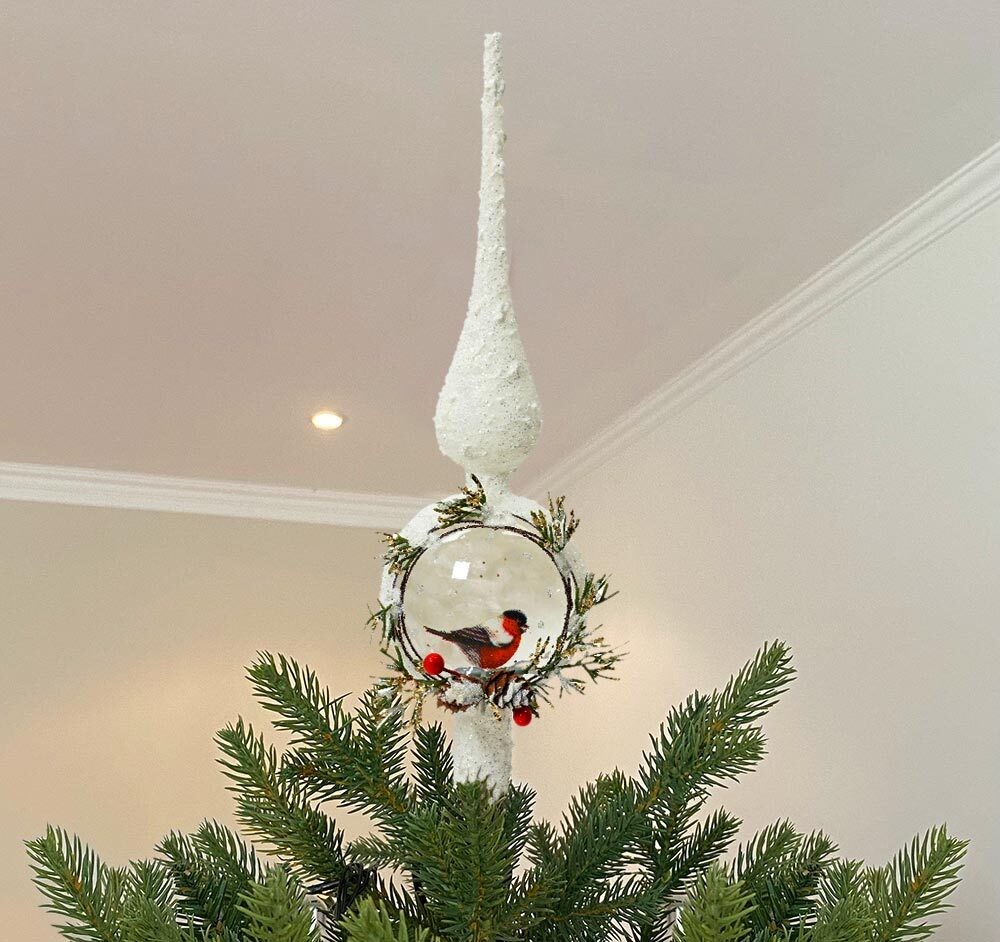 Christbaumspitze Weiß Schnee Vogel Wald Echt Glas Weihnachtsbaumspitze 31cm