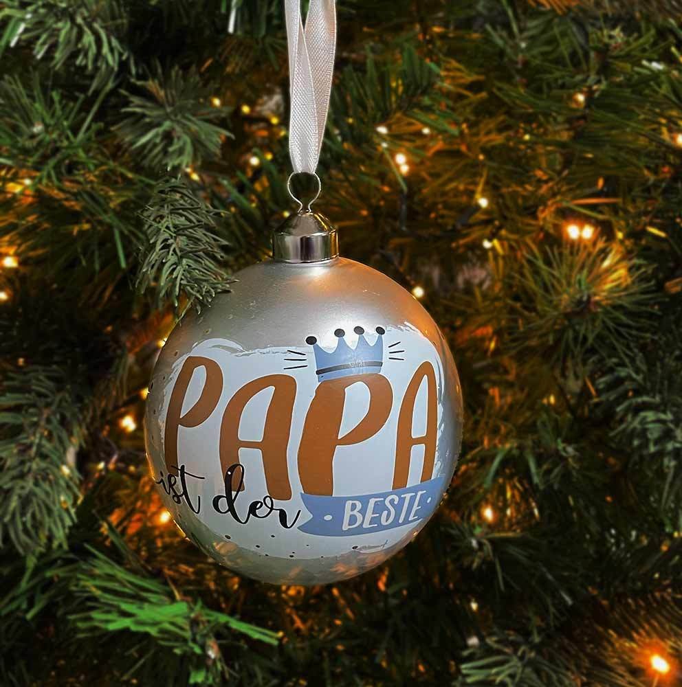 Christbaumkugel – Papa ist der Beste – Weihnachtskugel Echt Glas Silber