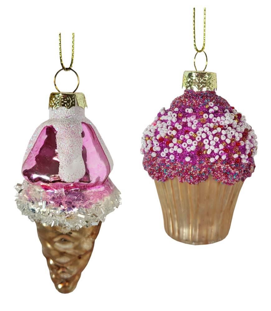 Christbaumschmuck Eis Cupcake 2 Stück Lila Glas Eiswaffel Christbaumanhänger