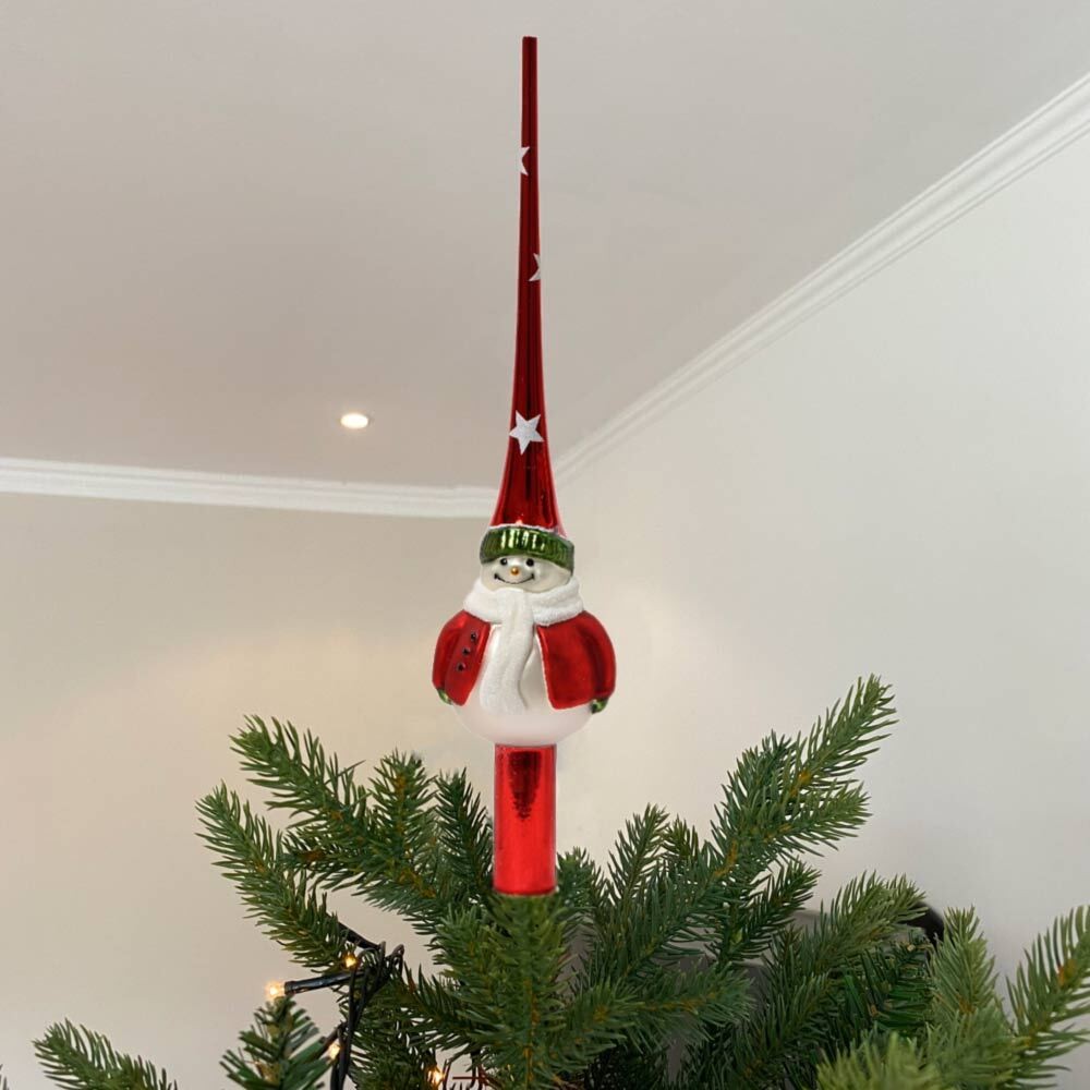 Christbaumspitze Schneemann Rot Weiß Echt Glas Weihnachtsbaumspitze 25cm