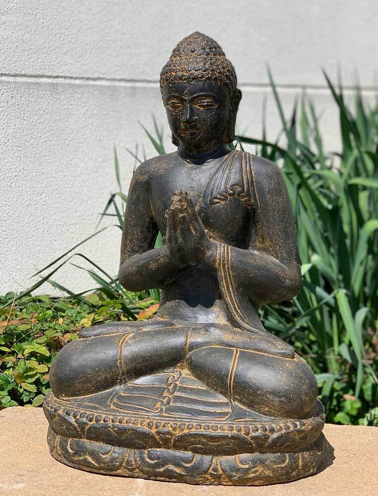 Buddha Figur 60 cm Groß Guss-Stein Frostsicher Sitzend Gruß Garten Anthrazit-Rost