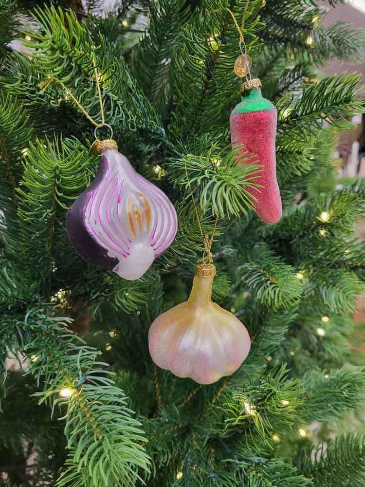 Christbaumschmuck Gemüse 3er-Set Glitzer Weihnachtsdeko Knoblauch Chili Zwiebel