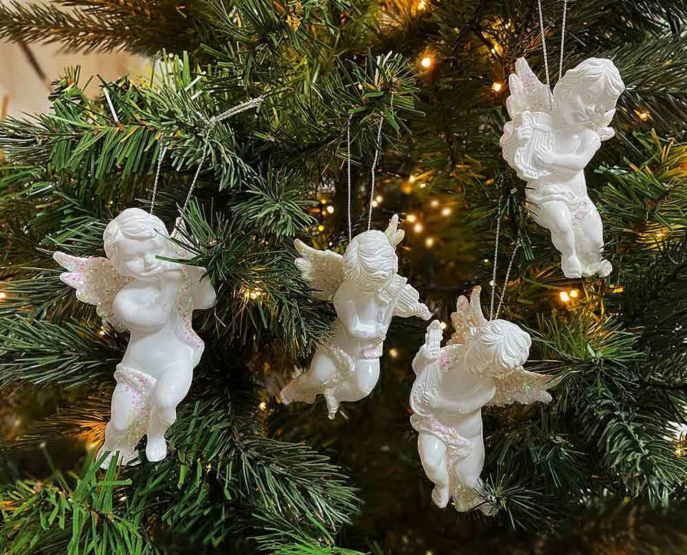 Christbaumschmuck Engelchen mit Instrument 4er-Set Weiß Glitzer Weihnachtsdeko